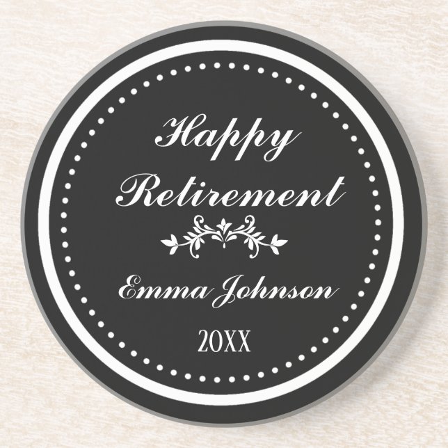 Posavasos Elegante personalizado negro y blanco feliz retiro (Frente)