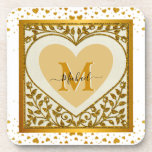 Posavasos Elegante Purpurina dorado Corazón inicial y nombre<br><div class="desc">Elegante Purpurina de oro Corazón inicial y bebida de nombre. Elegancia personalizada con esta hermosa montaña de bebidas. Este accesorio, con un elegante diseño de corazón purpurina dorado, una inicial prominente y un nombre personalizado en una bonita letra de guión, le aporta un toque personal a su hogar. Esta montaña...</div>