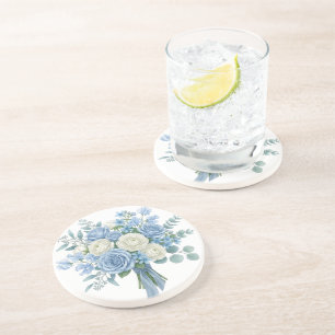 Posavasos Elegante ramo floral azul y blanco acuarela B