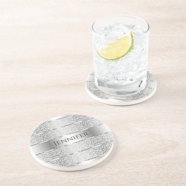 Posavasos Elegante rayas grises plateadas Monograma (Lado)