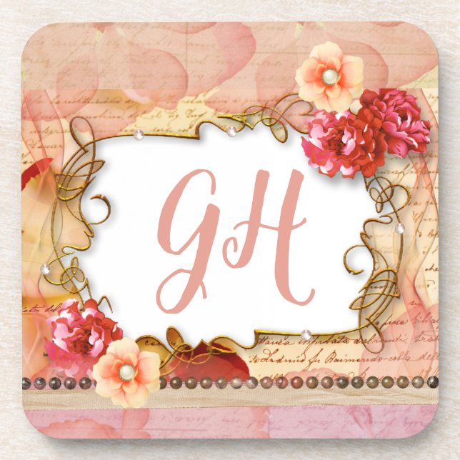 Posavasos Elegante Romántico Peach Pink Floral Monogramado (Frente)