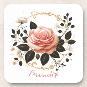 Posavasos Elegante Rosa Rosa y Arte Floral Dorado Personaliz