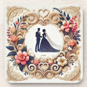 Posavasos Elegante Silueta de Boda Enmarcada
