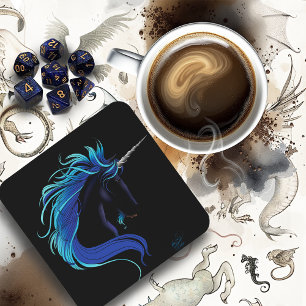 Posavasos Elegante Unicornio Negro Fantasía Mágica Azul Plat