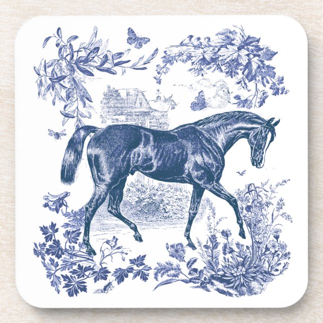 Posavasos Elegante Viejo Rústico Azul Horse Country Toile (Frente)
