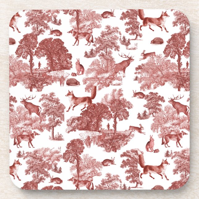 Posavasos Elegante Viejo Toile Rojo de Conejo Fox de Woodlan (Frente)