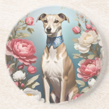 Elegante Whippet Pink Peony Flores fondo azul