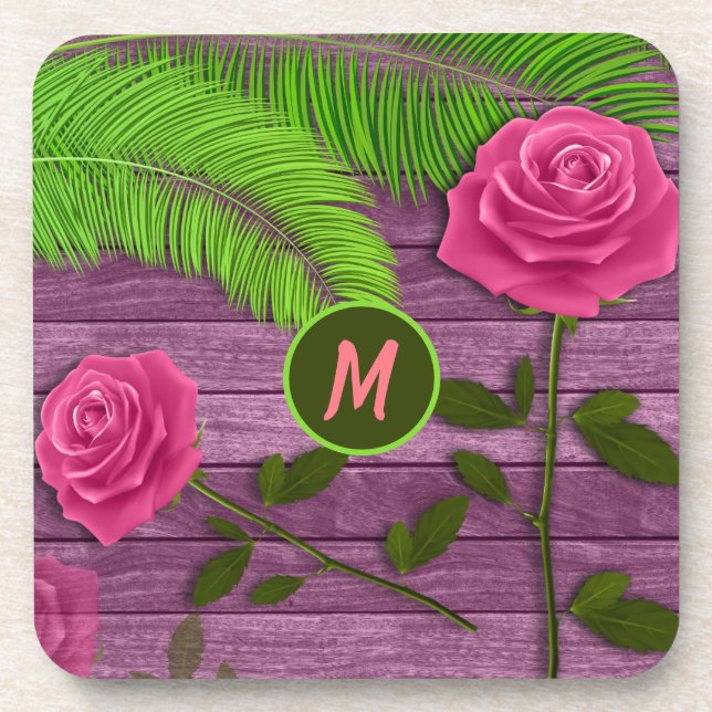 Posavasos Elegante y romántico Monograma Roses rosados Mader (Frente)