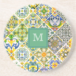 Posavasos Elegantes azulejos verdes sicilianos mediterráneos