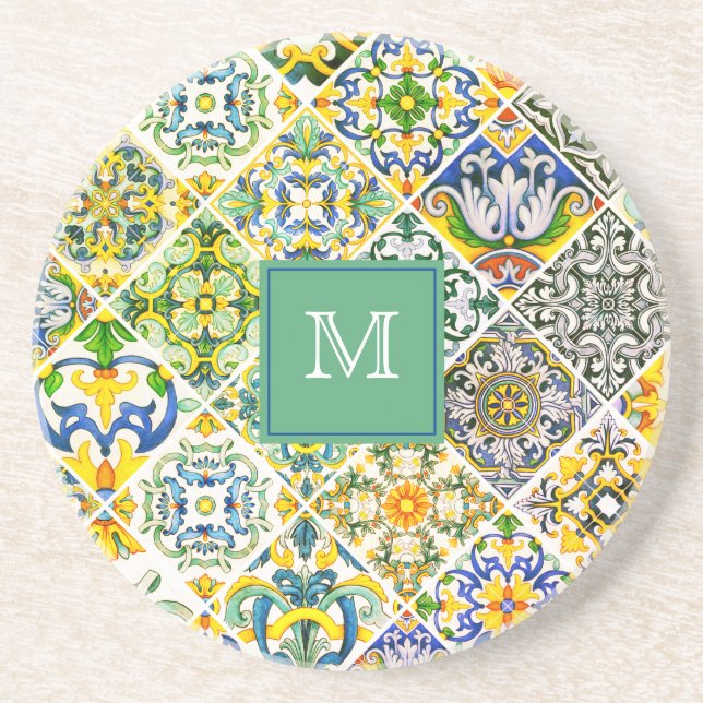 Posavasos Elegantes azulejos verdes sicilianos mediterráneos (Frente)