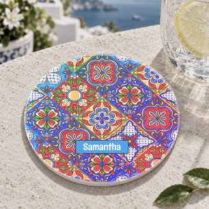 Posavasos Elegantes baldosas mexicanas talavera rojas azules