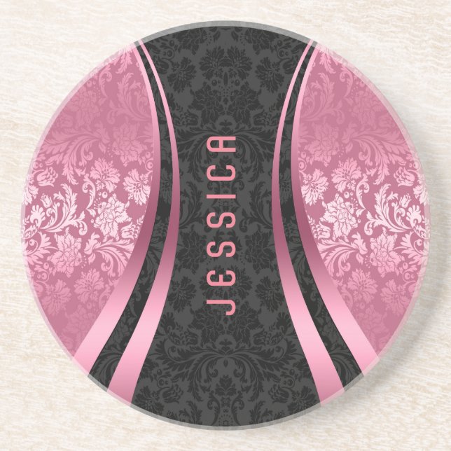 Posavasos Elegantes Damascos Florales Negros Y Rosa (Frente)