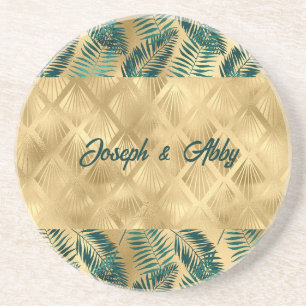 Posavasos Elegantes hojas verdes y doradas