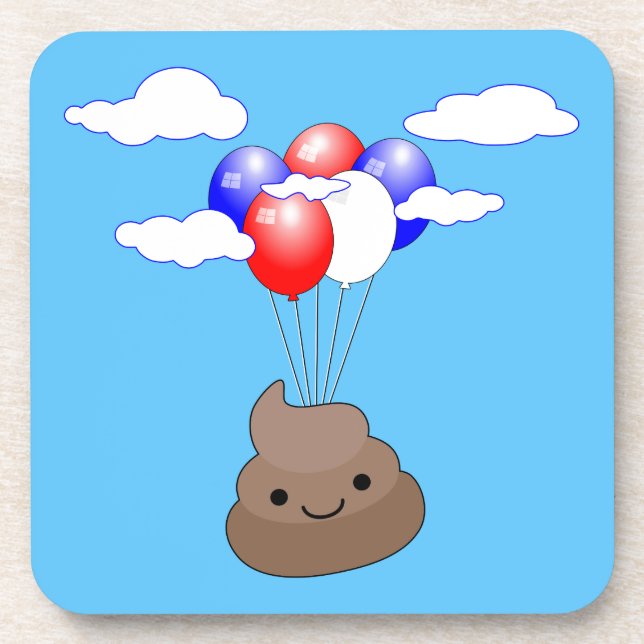 Posavasos Emoji Poo Volando Con Globos En Cielo Azul (Frente)