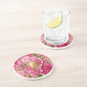 Posavasos Encantadora Monograma Floral Rosa y Verde en Areni