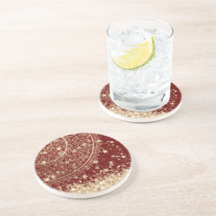 Posavasos Encantando Mandala con estrellas de oro en rojo