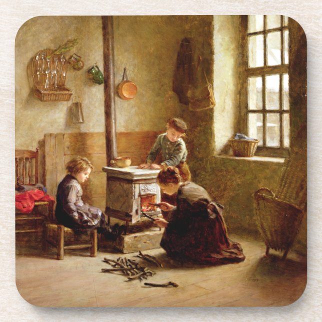 Posavasos Encendiendo la estufa, 1886 (aceite en el panel) (Frente)