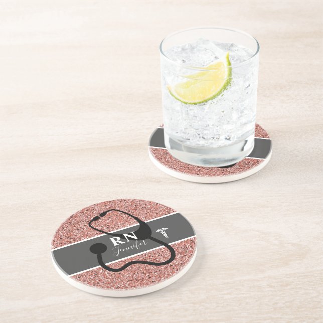 Posavasos Enfermera RN Rosa Purpurina de oro Personalizado (Lado)