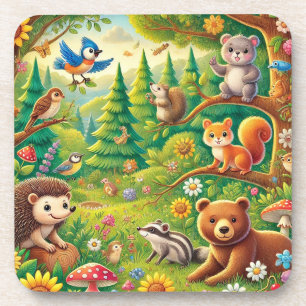 Posavasos Escena caprichosa del bosque con animales lindos