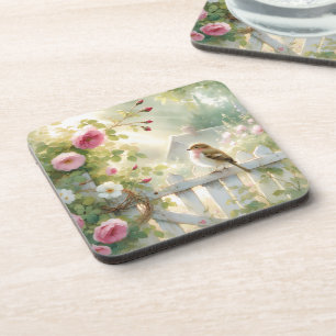 Posavasos Escena de acuarela de rosa de jardín pájaro