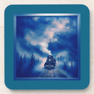 Posavasos Escena De Color Azul Con Locomotora De Vapor Vieja