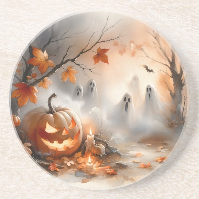 Posavasos Escena de Halloween caprichosa con calabaza y fant (Frente)