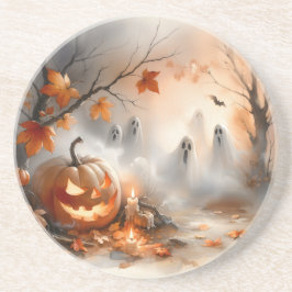 Posavasos Escena de Halloween caprichosa con calabaza y fant