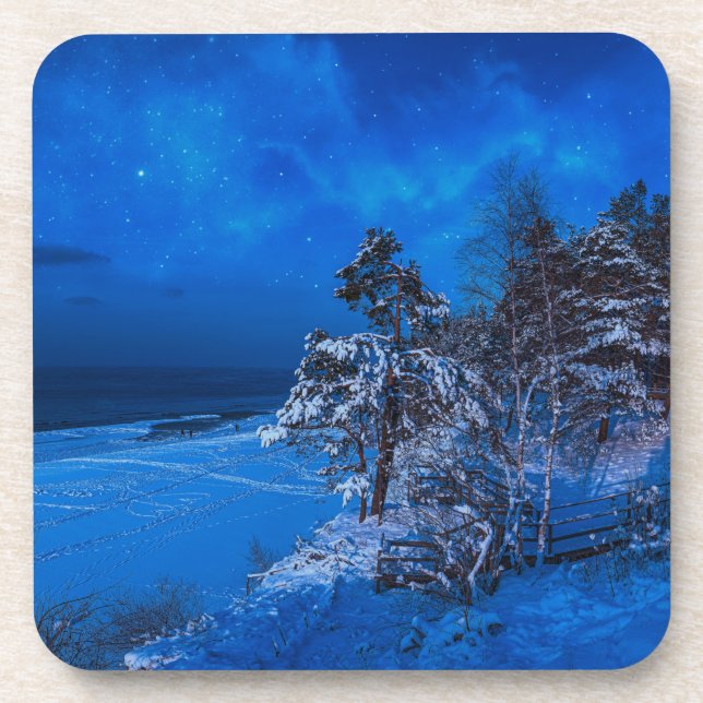 Posavasos Escena de invierno nocturna con pinos cubiertos de (Frente)