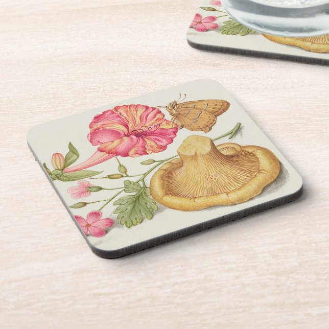 Posavasos Escena de jardín con flores, mariposa y hongo (Lado Izquierdo)