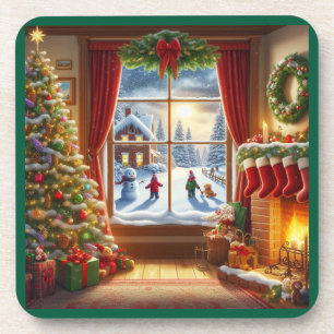 Posavasos Escena de la ventana Navidades acogedores