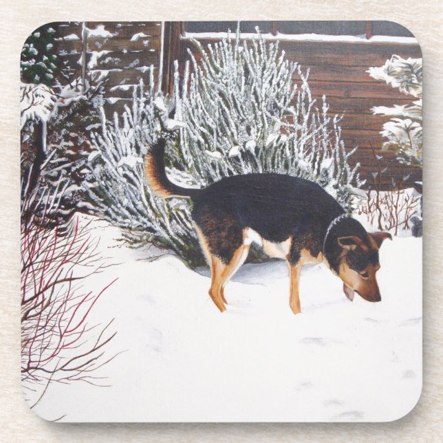 Posavasos Escena de nieve de invierno con perro negro lindo  (Frente)