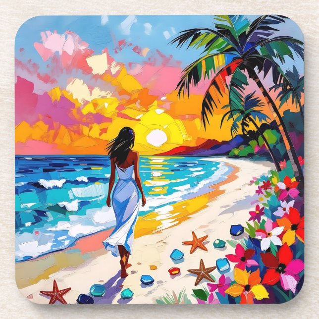 Posavasos Escena de playa abstracta de puesta de sol vibrant (Frente)