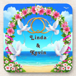 Posavasos Escena de playa romántica con arco floral