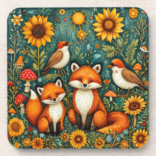 Posavasos Escena del bosque con zorros, pájaros, girasoles