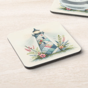 Posavasos Escena floral costera del faro de patchwork