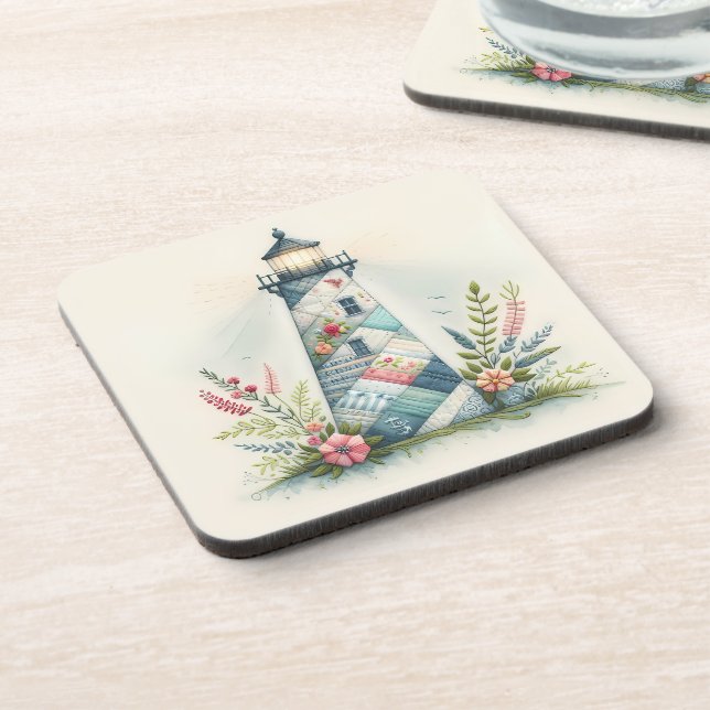 Posavasos Escena floral costera del faro de patchwork (Lado Izquierdo)