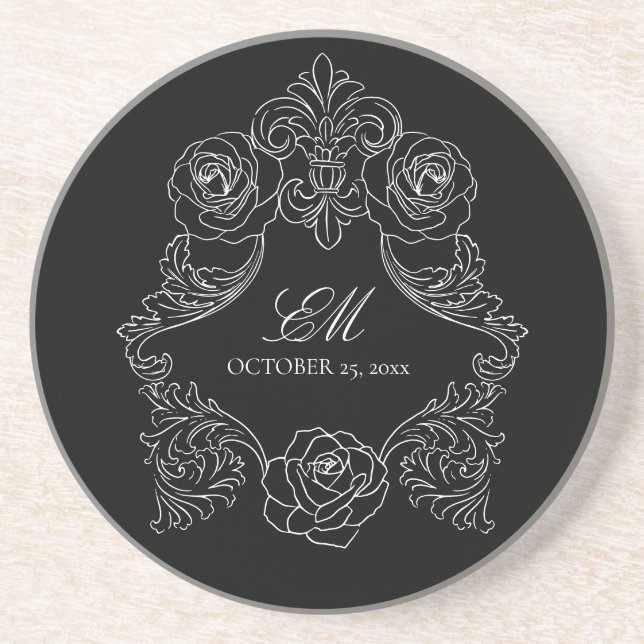 Posavasos Escudo del logotipo del Boda gótico Rococo negro (Frente)