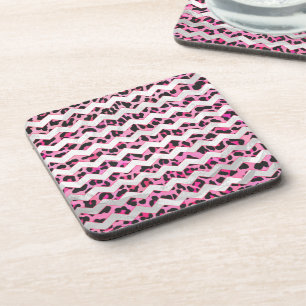 Posavasos Estampado de Chevron Negro Leopardo y Rosa Fuerte