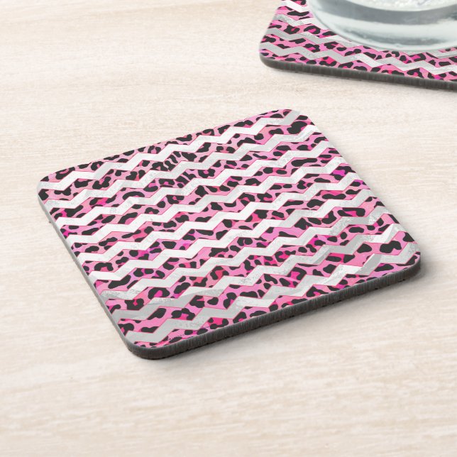 Posavasos Estampado de Chevron Negro Leopardo y Rosa Fuerte (Lado Izquierdo)