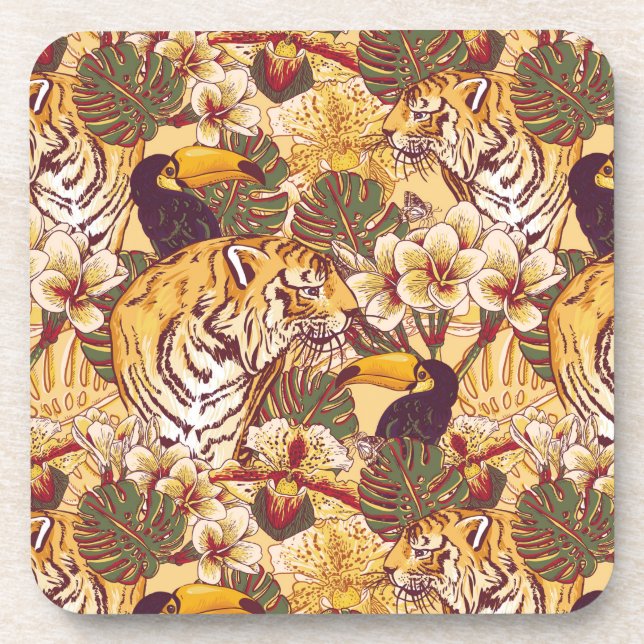 Posavasos Estampado de flores tropical con el tigre (Frente)