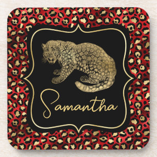 Posavasos Estampado de leopardo dorado y leopardo rojo
