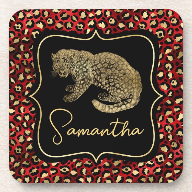 Posavasos Estampado de leopardo dorado y leopardo rojo (Frente)