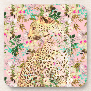 Posavasos Estampado floral de leopardo tropical hawaiano