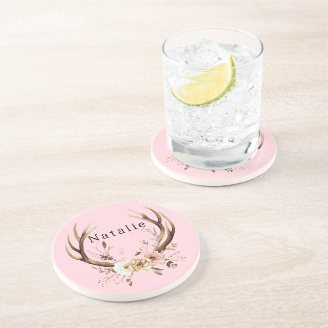 Posavasos Estanques de ciervos florales rosados personalizad (Lado)