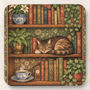 Posavasos Estante de libros antiguos con gato y café