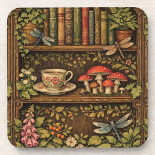 Posavasos Estantería de libros retro hongos café floral