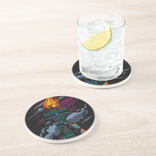 Posavasos Estatua de la Libertad de neón arte de lluvia púrp
