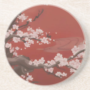 Posavasos Estilo de arte japonés Flor de cerezo blanca Roja