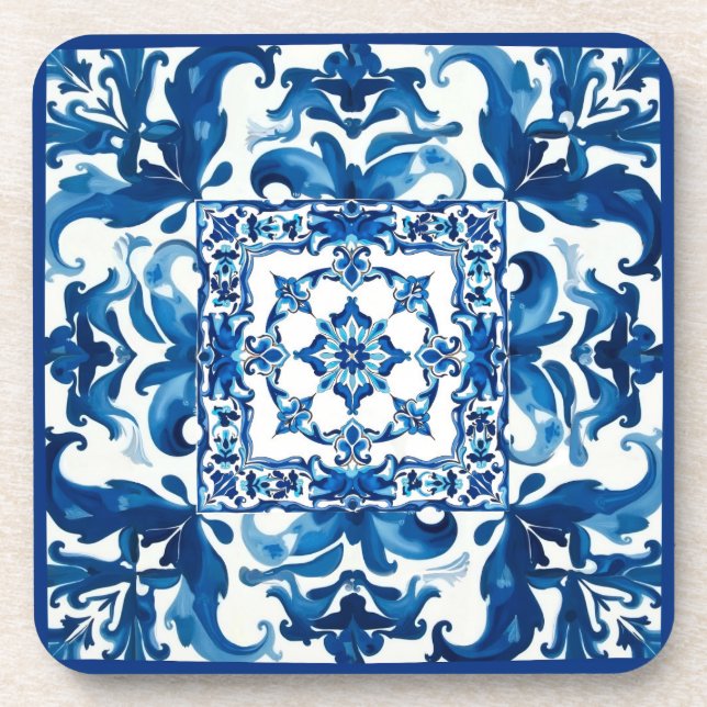 Posavasos estilo italiano, mediterráneo, mosaico, azul, (Frente)