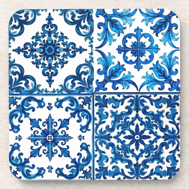 Posavasos estilo italiano, mediterráneo, mosaico, azul, (Frente)